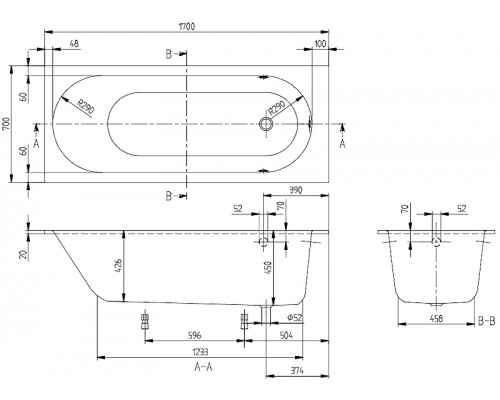 UBQ 177 OBE 2V-01 OBERON Solo Ванна 170x70, с ножками, белая, материал кварил Quaryl®, вкл. сверло для перелива UBQ177OBE2V-01