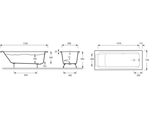 RUB PARALLEL E2947-00 ванна 170х70 без отверстий для ручек E2947-00