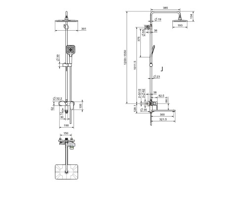 AQ2840MB НИКА душевая система (смеситель для ванны) 3 jet 300х193 мм с длинным изливом, матовый черный AQ2840MB