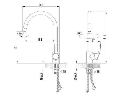 LM1105Cplus STRIKEСмеситель для кухни с высоким поворотным изливом 311 мм, хром LM1105C