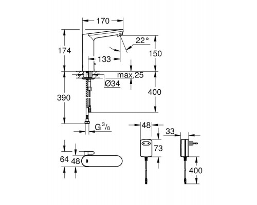 36421000 Eurosmart Cosmopolitan E инфракрасный смеситель для раковины, 230V, L-размер, хром 36421000
