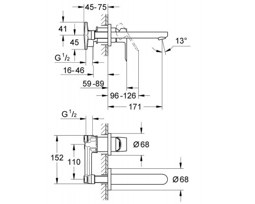 20474001 BauEdge 2020 Смеситель для раковины, на 2 отверстия, настенный монтаж, хром (замена 20474000) 20474001