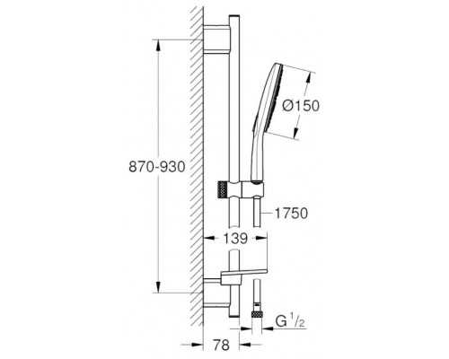 26594000 RainShower SmartActive 150 Душевой гарнитур III, душевая штанга 900 мм, шланг 1750 мм, 9,5 л/мин, полочка, хром 26594000
