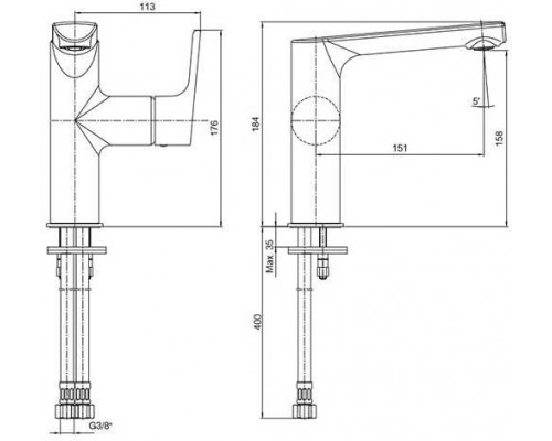 102108955EX LUNA смеситель для раковины 158 без донного клапана 102108955EX