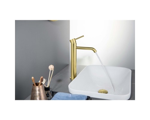 AQ1304BG ЕВРОПА смеситель для раковины высокий 215, без донного клапана, шлиф. золото AQ1304BG
