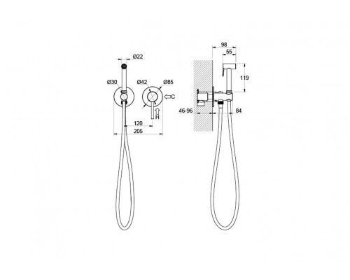 AQ1319CR ЕВРОПА комплект для гигиенического душа встроенный 2 отв. (смеситель + гигиеническая лейка + шланг) AQ1319CR
