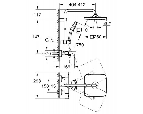 26691001 Tempesta System 250 Cube Душевая система для ванны для настенного монтажа с термостатом и изливом на ванну, хром (замена арт. 26691000) 26691001