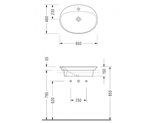 HR34TXS110H HERA овальная раковина для установки в столешницу 46х60 см, с отверстием под смеситель, Serel HR34TXS110H