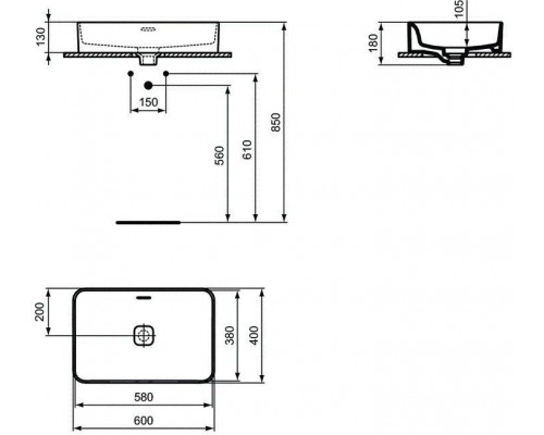 T299901 STRADA II Vessel Умывальник 60 см без отверстия под смеситель, для монтажа с мебелью, с отверстием перелива (щелевого типа), T299901