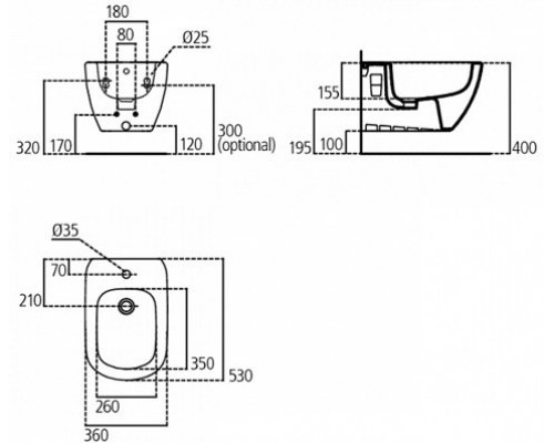 T355201 (замена на T457001) TESI Подвесное биде, с отверстием под смеситель, с отверстием перелива, с крепежом (для полностью скрытого монтажа) T355201