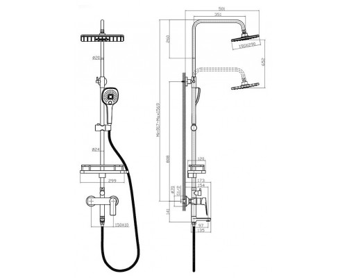 RS27-46 Смеситель одноручный (35 мм) для ванны с верхней лейкойТропический дождь с пов. изл. 97 RS27-46