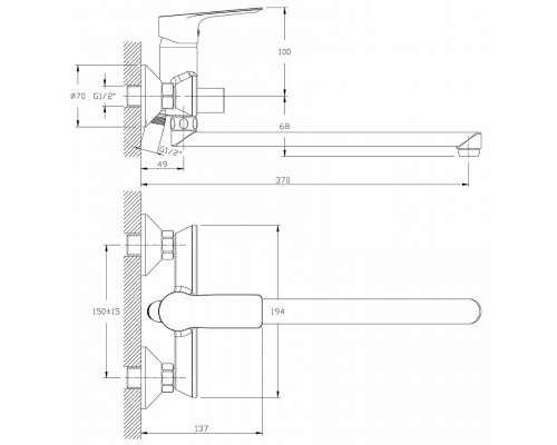 RS27-33 Смеситель одноручный (35 мм) для ванны с плоским изливом 350мм, хром RS27-33