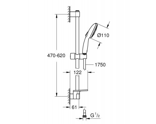 27927003 Tempesta 110 Душевой гарнитур, 3 режима струи, душевая штанга 600 мм, шланг 1750 мм, полочка, 13,5 л/мин, хром (замена 27927001) 27927003