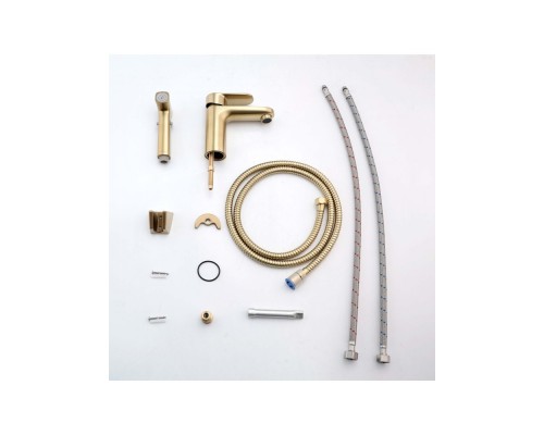 AQ1812BG НИКА смеситель для раковины 90 без донного клапана с гигиеническим ручным душем, шлиф.золото AQ1812BG