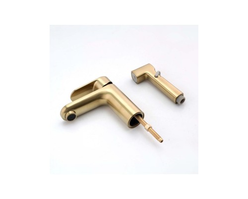 AQ1812BG НИКА смеситель для раковины 90 без донного клапана с гигиеническим ручным душем, шлиф.золото AQ1812BG