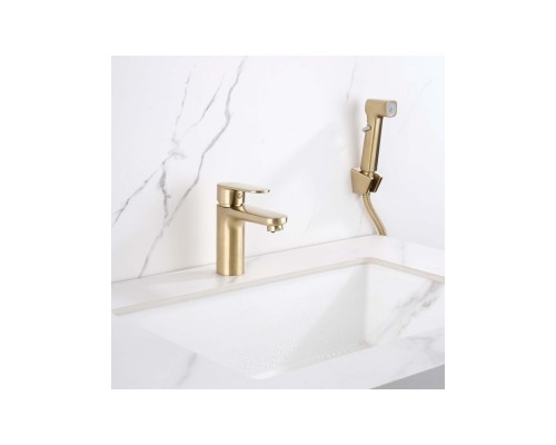 AQ1812BG НИКА смеситель для раковины 90 без донного клапана с гигиеническим ручным душем, шлиф.золото AQ1812BG