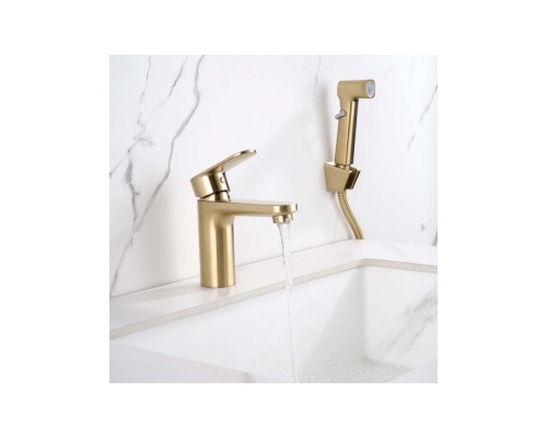 AQ1812BG НИКА смеситель для раковины 90 без донного клапана с гигиеническим ручным душем, шлиф.золото AQ1812BG