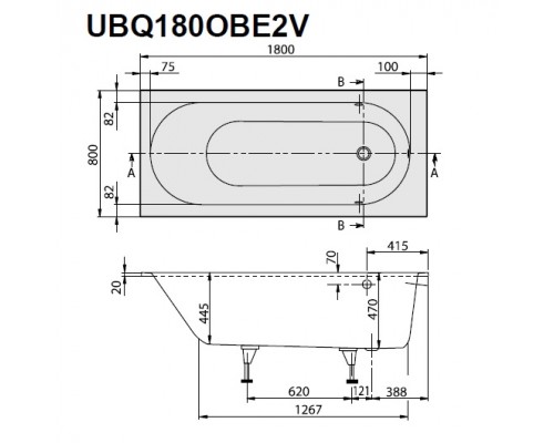 UBQ 180 OBE 2V-01 OBERON Solo Ванна 180x80, с ножками, белая, материал кварил Quaryl®, вкл. сверло для перелива UBQ180OBE2V-01