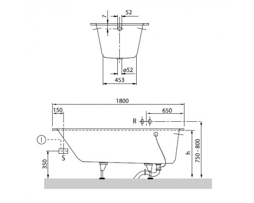 UBQ 180 OBE 2V-01 OBERON Solo Ванна 180x80, с ножками, белая, материал кварил Quaryl®, вкл. сверло для перелива UBQ180OBE2V-01