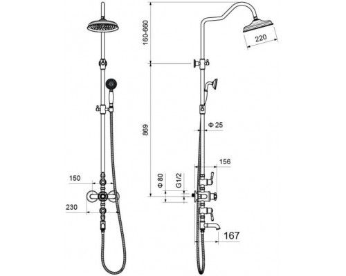 AQ2543PG КЛАССИК термостатическая душевая система с изливом 220мм, полир. золото AQ2543PG