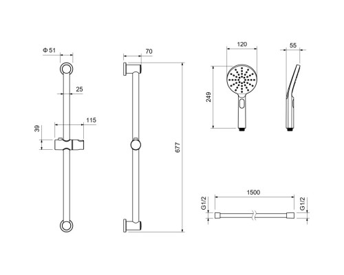 AQ2016BG ОБЕРОН душевой гарнитур 3jet 65 см, шлиф. золото AQ2016BG