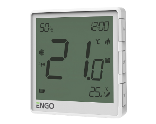 Терморегулятор, ENGO, беспроводной, белый, с модулем Zigbee, с аккумулятором, со встроенным датчиком влажности,с возможностью подключения датчика пола