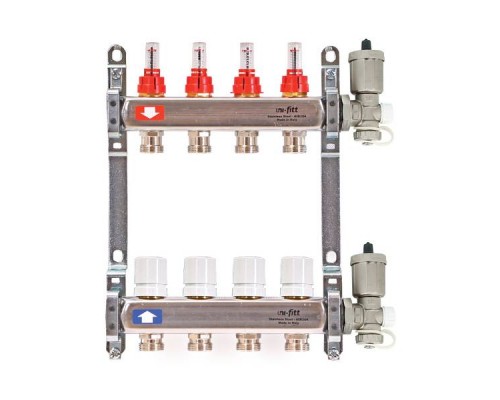 Коллекторная группа 1" Uni-Fitt 450A нерж. сталь 2 выхода 3/4" с расходомерами и термостатическими вентилями с авт.воздухоотводчиком