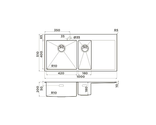 Omoikiri Akisame 100-2-L-GM Кухонная мойка нерж. сталь 100x51 см, цвет: вороненая сталь 4973103