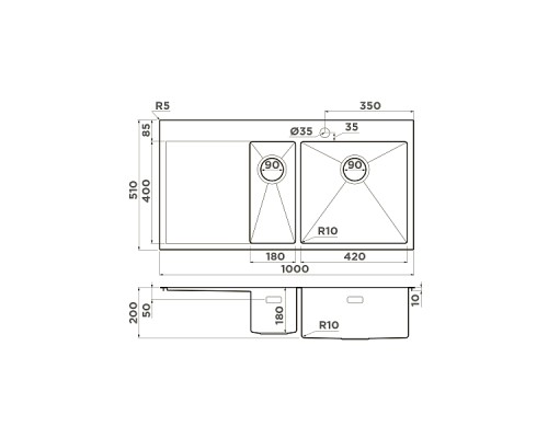 Omoikiri Akisame 100-2-GM-R Кухонная мойка, нерж. сталь, 100x51 см цвет: вороненая сталь 4973104