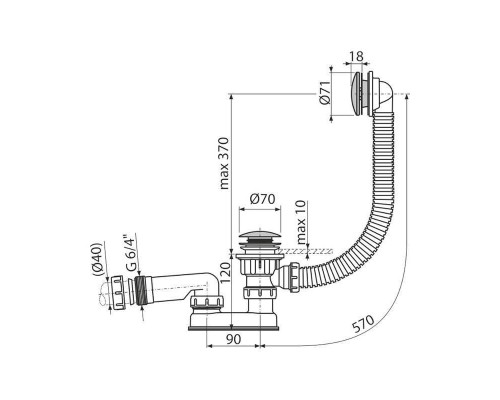 Слив-перелив Alcaplast для ванны 570 мм, click/clack, металл, прочистка сифона сверху, хром