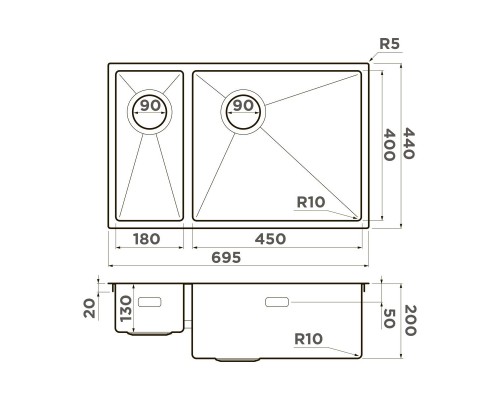 Omoikiri Taki 69-2-U/IF-R Side-GB Кухонная мойка нерж. сталь 69,5x44 см, цвет: графит 4993183