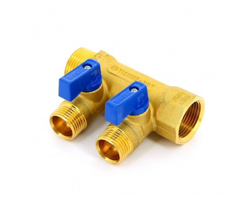 Коллектор НВ 3/4" с кранами TIEMME 2 выхода 1/2"Н 36мм (цвет пластиковых ручек по выбору)