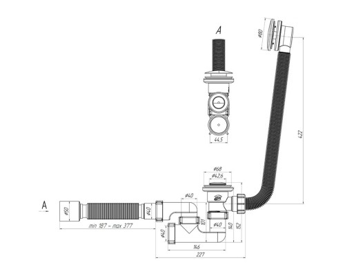 Сифон для ванны "АНИ" с переливом 1 1/2х40/50, нержавеющий выпуск, кнопка (EC255S) (Россия)