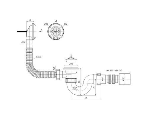 Сифон для ванны "АНИ" с гибкой трубой 1 1/2х40/50, пластиковый выпуск (С6155) (Россия)