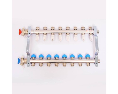 Коллекторная группа из нержавеющей стали с термостатическими вентилями и расходомерами REHAU 1"x3/4" 8 выходов