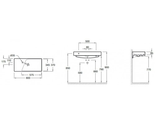 RYTHMIK EXP112-Z-00 Подвесная раковина-столешница гладкая нижняя поверхность, Ш80Г37 см. Одно отверстие для смесителя. Может устанавливаться на мебе EXP112-Z-00