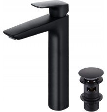 AQ1005MB ВЕГА смеситель для раковины высокий 227 с донным клапаном, матовый черный AQ1005MB