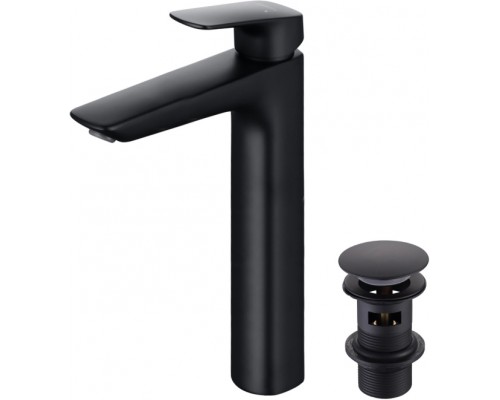 AQ1005MB ВЕГА смеситель для раковины высокий 227 с донным клапаном, матовый черный AQ1005MB
