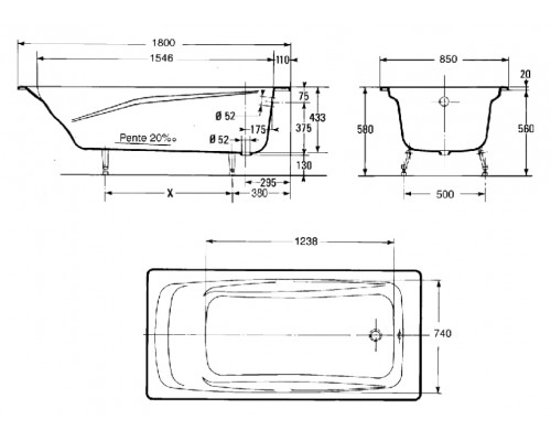 RUB REPOS E2904-00 ванна 180х85 без отверстий для ручек E2904-00