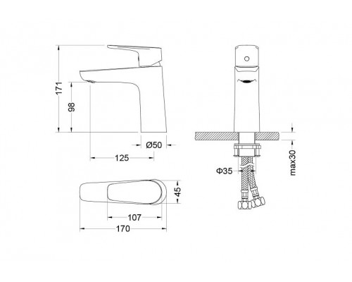 AQ1110BGM БЕТТА смеситель для раковины 98, без донного клапана, оружейная сталь (шлиф. черный хром) AQ1110BGM