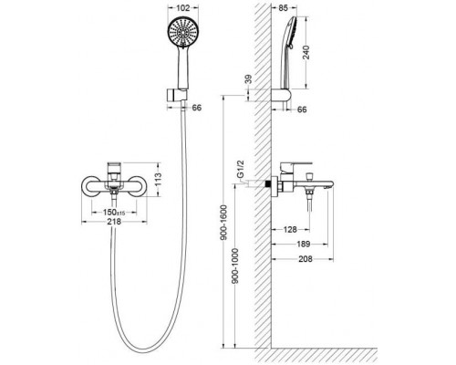 AQ1449MB ЛИРА смеситель для ванны с душевым набором 3jet, матовый черный AQ1449MB