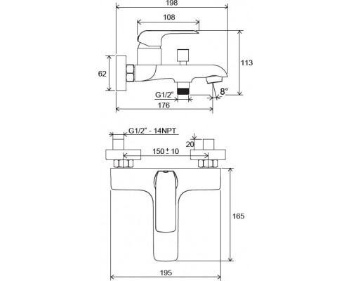 Смеситель для ванны FL 022.00/150 150 мм X070119
