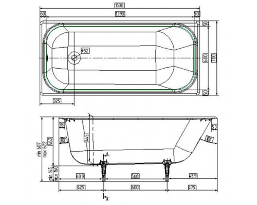 Wotte Start УР 1500х700х445 ванна чугунная c отверстиями для ручек (БП-э0001102) Start 1500x700UR