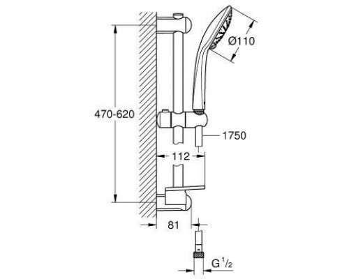 27230001 Euphoria 110 Душевой гарнитур II, душевая штанга 600 мм, шланг 1750 мм, полочка, хром 27230001