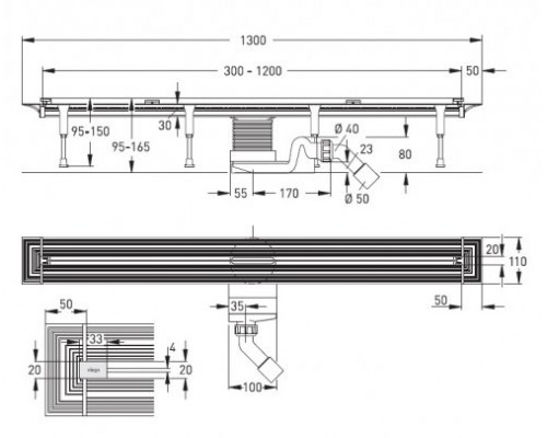 686277 Advantix Vario душевой лоток (пластик), универсальные габариты 300-1200мм, с заглушками, опорами, сифоном, модель 4965.10 686277