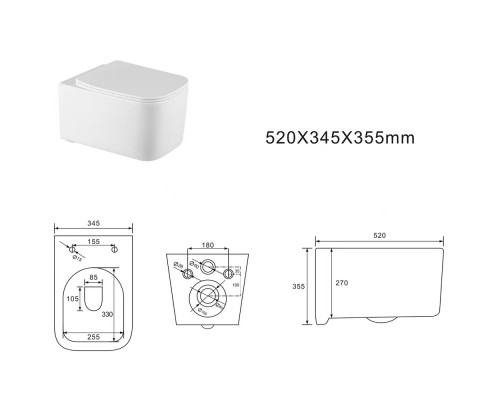 AQ1515T-00 КВАДРО Унитаз подвесной TORNADO безободковый 505345345, тонкое сиденье с механизмом плавного закрывания, крепеж AQ1515T-00
