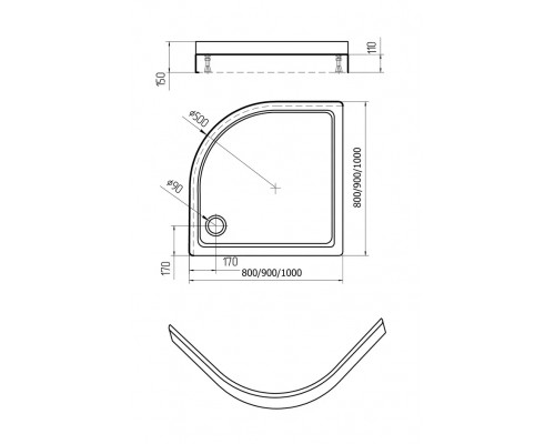 Поддон акриловый, 1/4 круга, с ножками и съемной панелью. БЕЗ СИФОНА. 909015 DPA-0000004