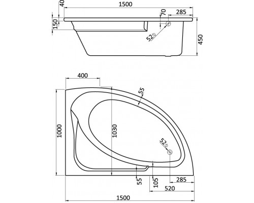 1.WH11.2.032 ГОА 150х100 ванна асимметричная акриловая правосторонняя белая 1.WH11.2.032
