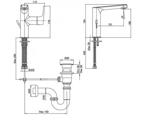 102108973EX LUNA смеситель для раковины 158 102108973EX