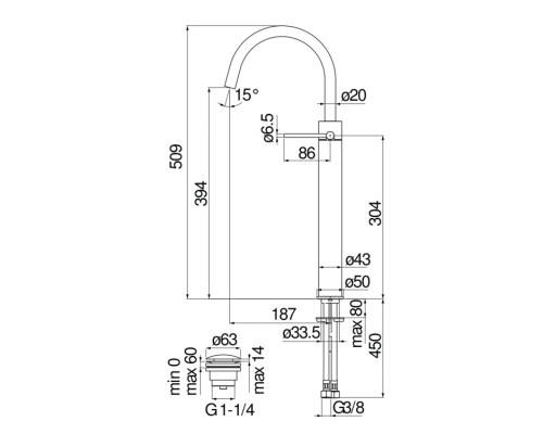VE125148/2FLP VELIS смеситель для раковины высокий 394, глянцевый черный VE125148/2FLP